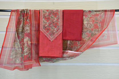 Brick Red Floral Printed Dress Material with Statement V-Yoke