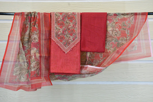 Brick Red Floral Printed Dress Material with Statement V-Yoke