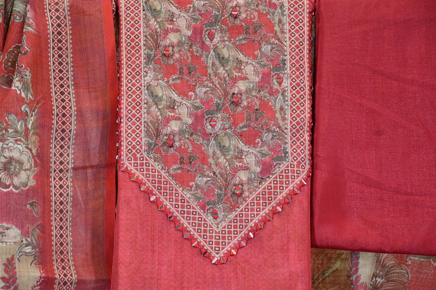Brick Red Floral Printed Dress Material with Statement V-Yoke