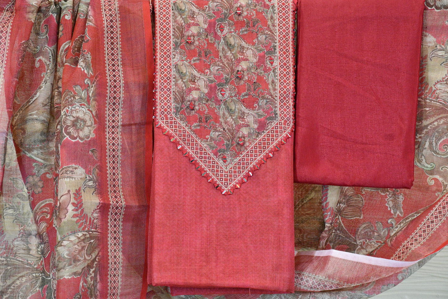Brick Red Floral Printed Dress Material with Statement V-Yoke