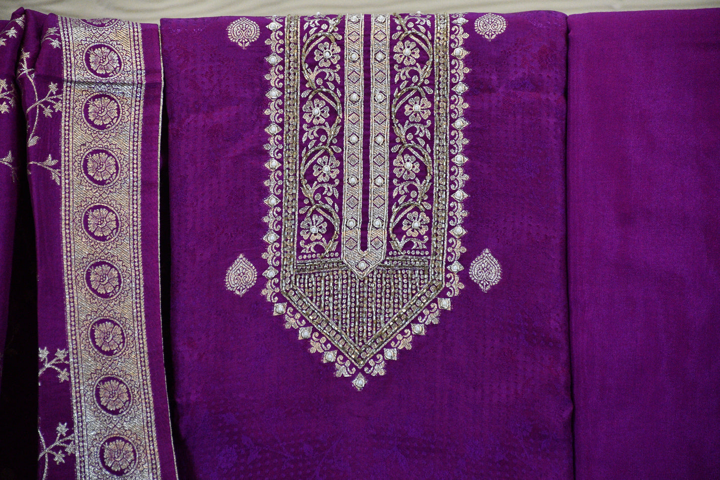 Royal Purple Embroidered Dress Material