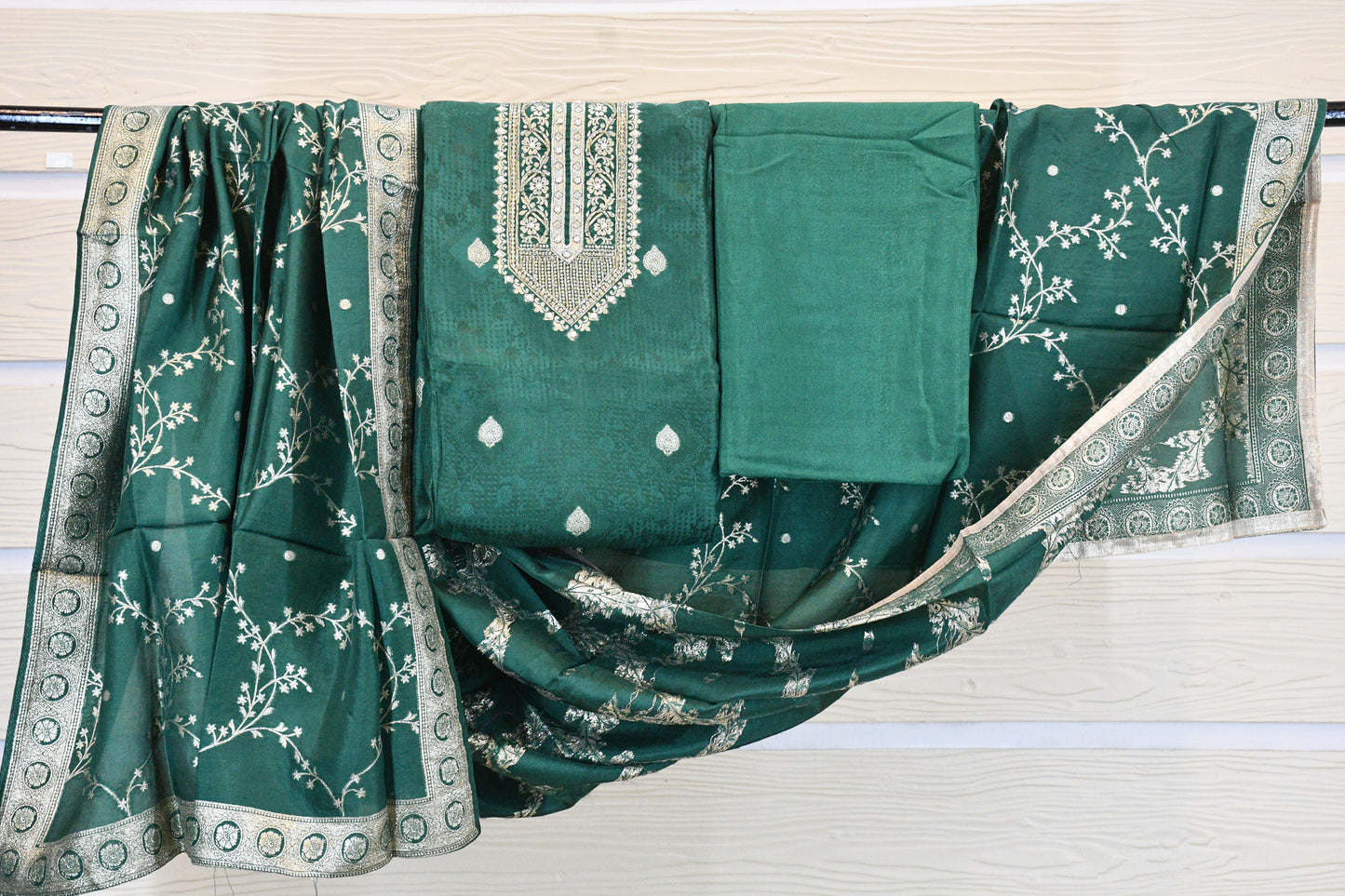 Emerald Green Embroidered Dress Material