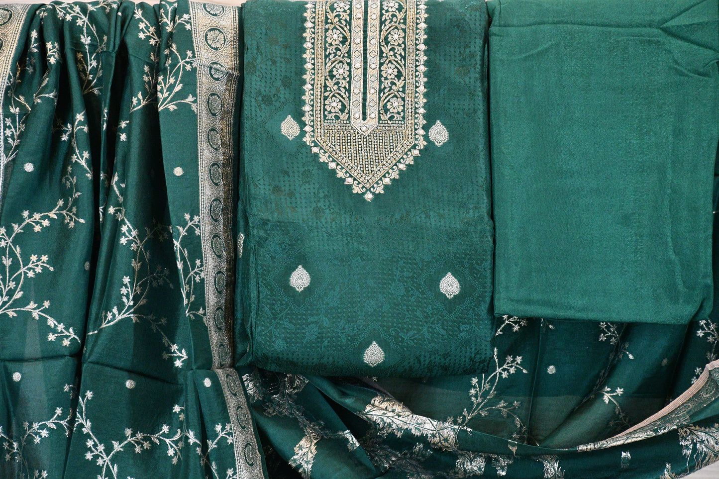 Emerald Green Embroidered Dress Material