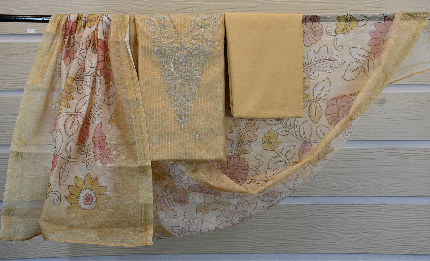 Beige Floral Printed Chanderi Suit Set
