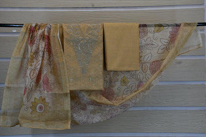 Beige Floral Printed Chanderi Suit Set