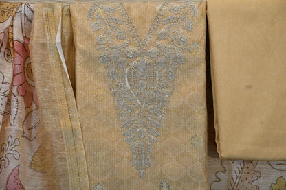 Beige Floral Printed Chanderi Suit Set