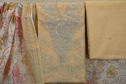 Beige Floral Printed Chanderi Suit Set