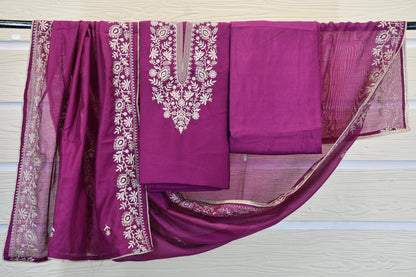Magenta Embroidered Chanderi Dress Material