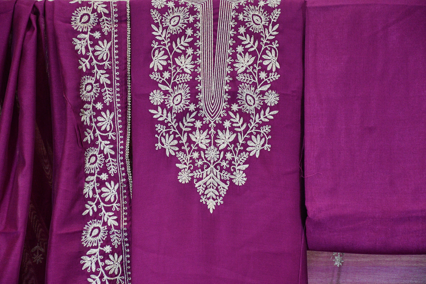 Magenta Embroidered Chanderi Dress Material