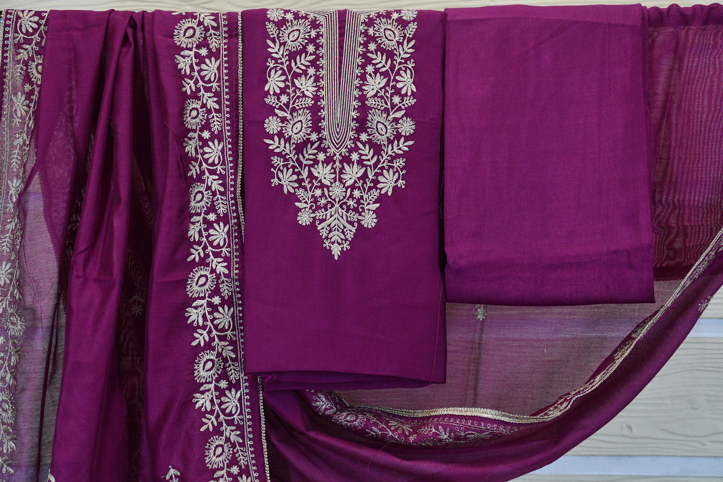 Magenta Embroidered Chanderi Dress Material