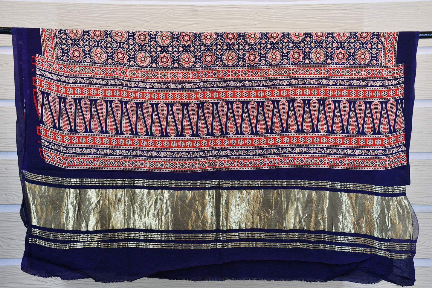 Navy Blue Ajrakh Gajji Silk Dupatta