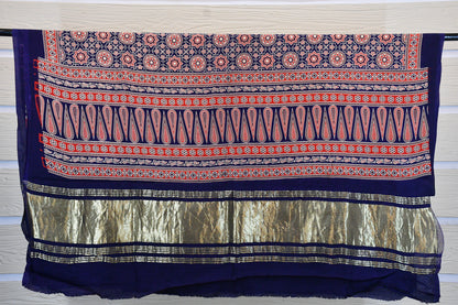 Navy Blue Ajrakh Gajji Silk Dupatta