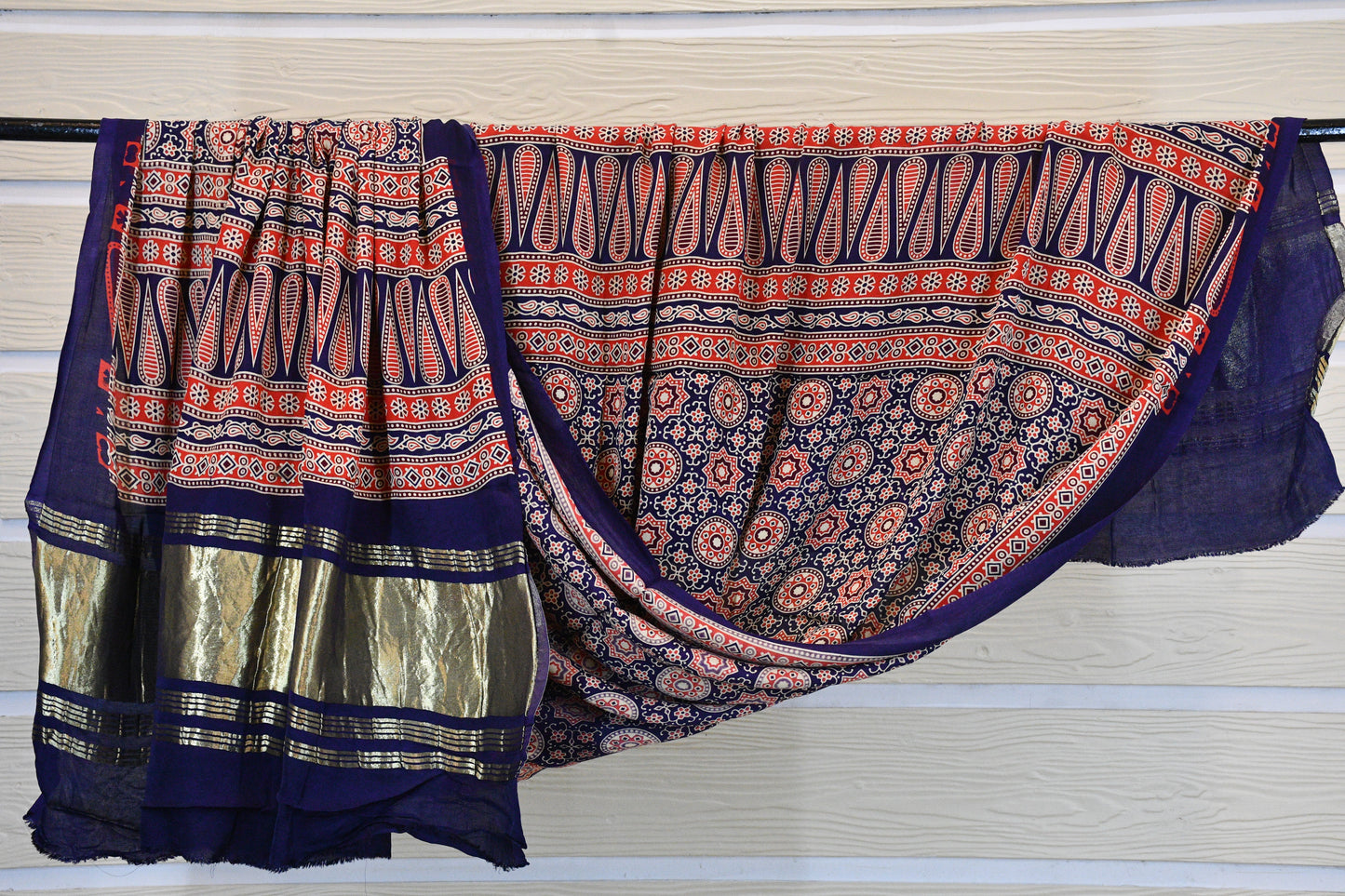 Navy Blue Ajrakh Gajji Silk Dupatta