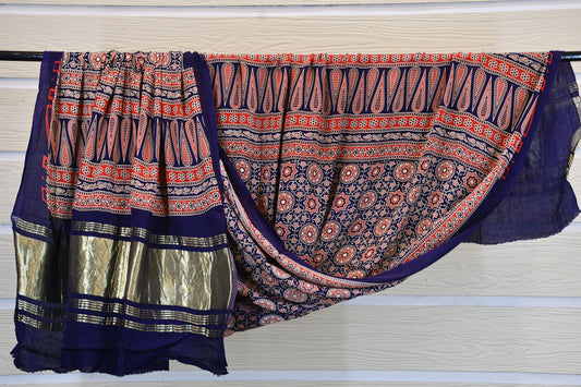 Navy Blue Ajrakh Gajji Silk Dupatta
