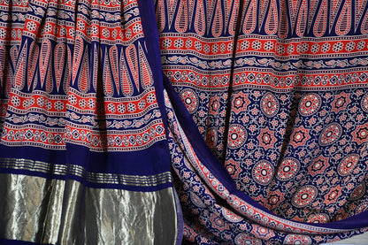 Navy Blue Ajrakh Gajji Silk Dupatta