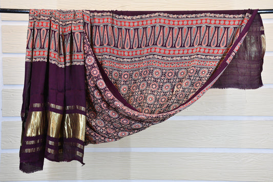 Purple Ajrakh Gajji Silk Dupatta