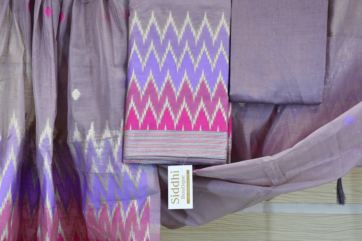 Lavender & Magenta Ikat-Inspired Cotton Dress Material Set