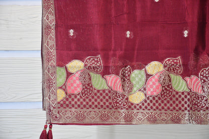 Wine Maroon Embroidered Cotton Dress Material Set