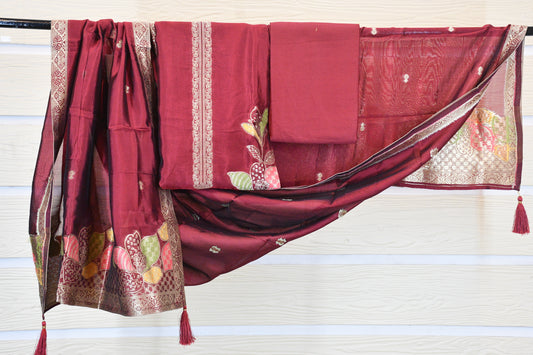 Wine Maroon Embroidered Cotton Dress Material Set