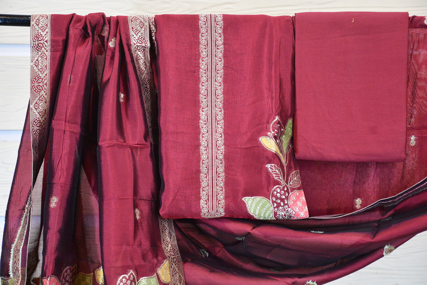 Wine Maroon Embroidered Cotton Dress Material Set