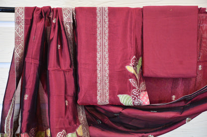 Wine Maroon Embroidered Cotton Dress Material Set