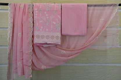 Blush Pink Floral Embroidered Dress Material Set