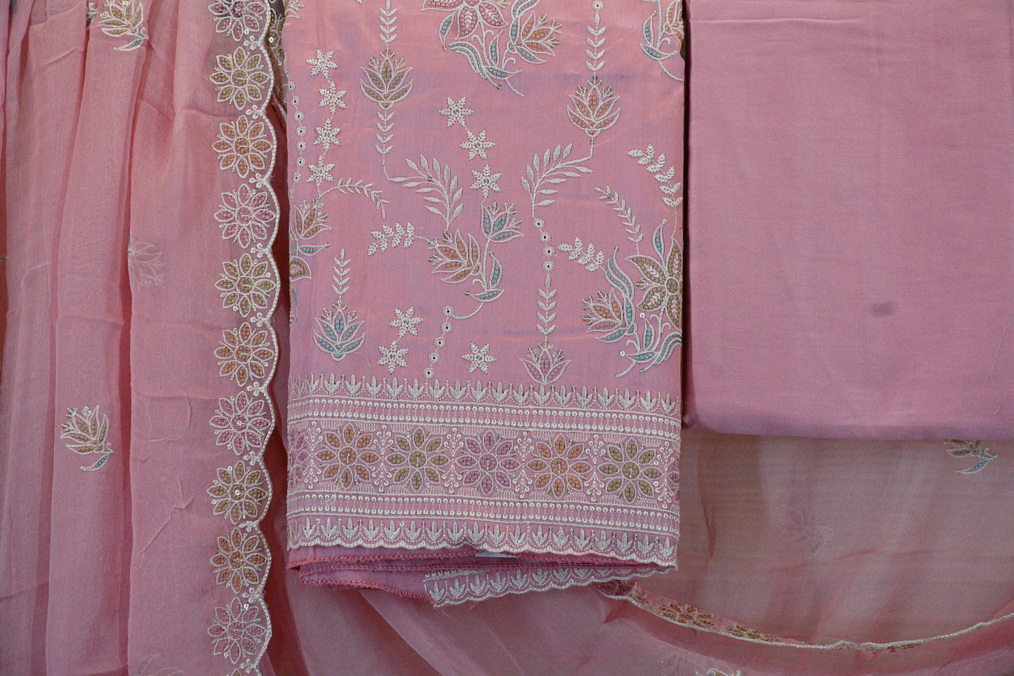 Blush Pink Floral Embroidered Dress Material Set