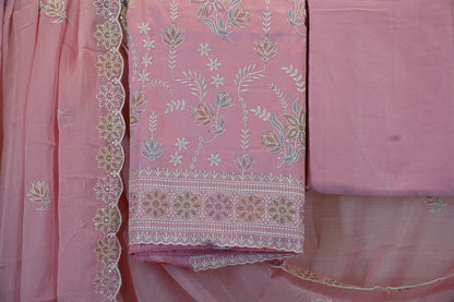 Blush Pink Floral Embroidered Dress Material Set