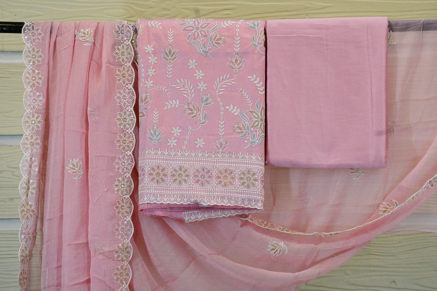 Blush Pink Floral Embroidered Dress Material Set