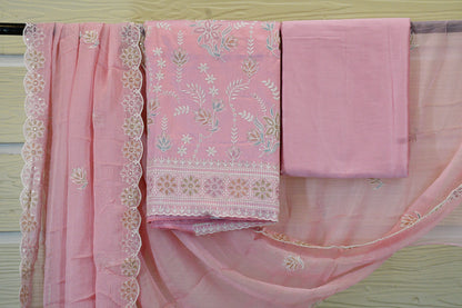 Blush Pink Floral Embroidered Dress Material Set