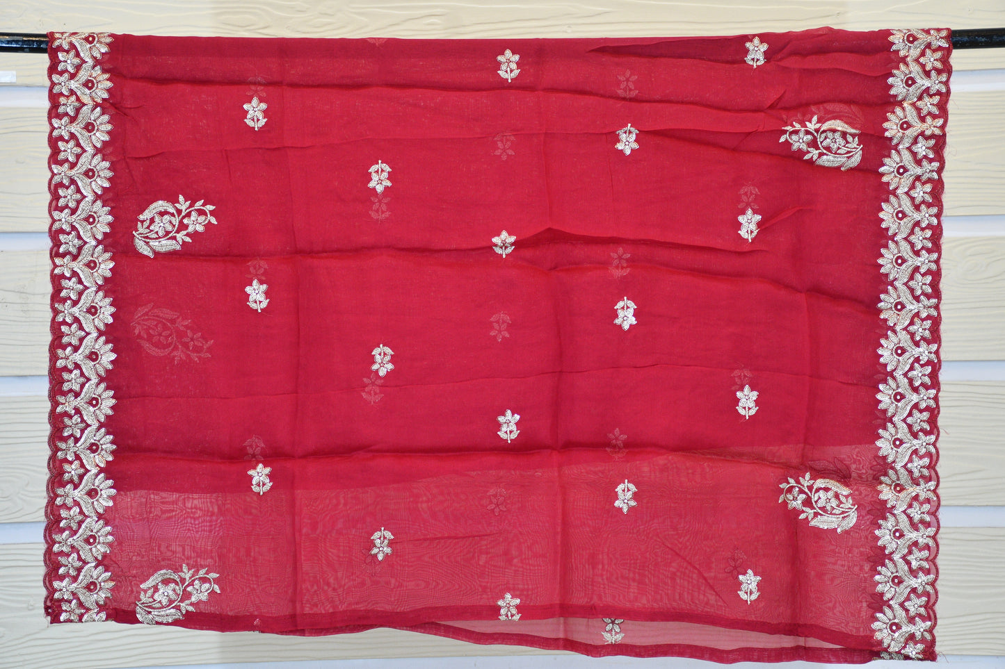 Ruby Red Floral Embroidered Dress Material Set