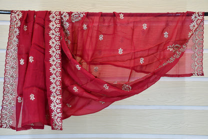 Ruby Red Floral Embroidered Dress Material Set