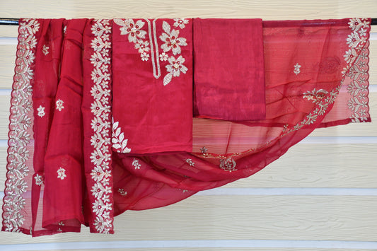 Ruby Red Floral Embroidered Dress Material Set