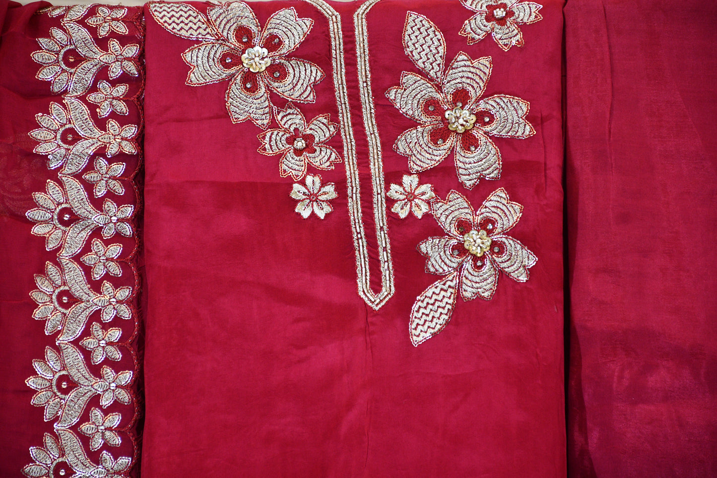 Ruby Red Floral Embroidered Dress Material Set