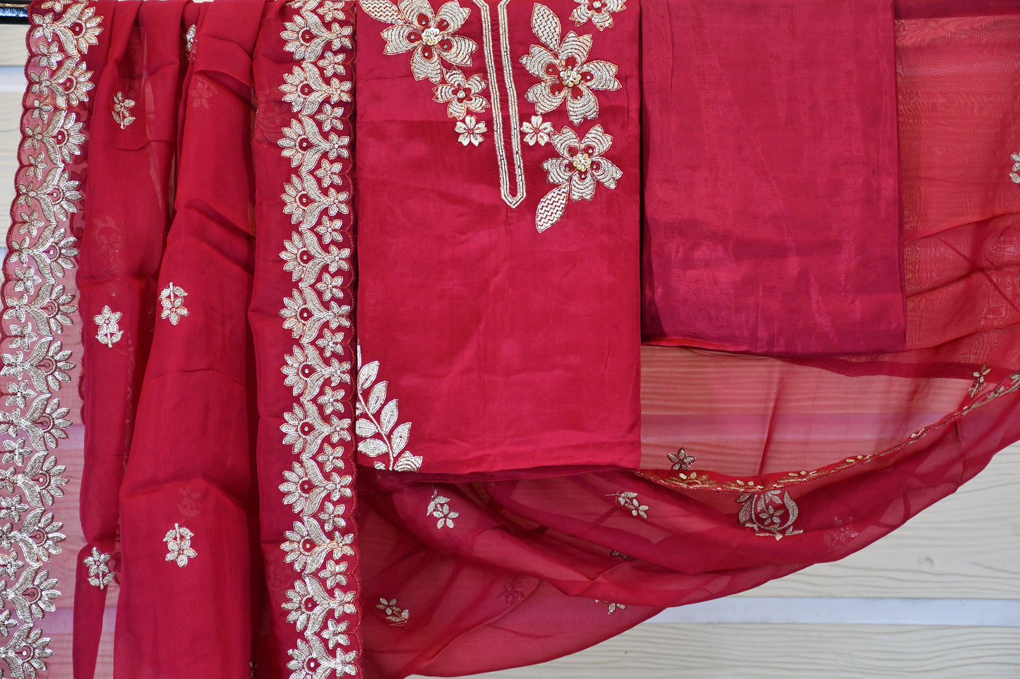 Ruby Red Floral Embroidered Dress Material Set