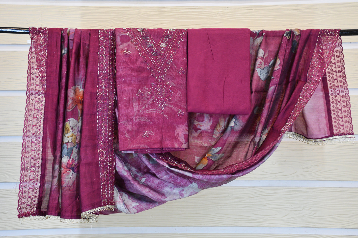 Wine Berry Magenta Floral Printed Dress Material Set