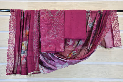 Wine Berry Magenta Floral Printed Dress Material Set