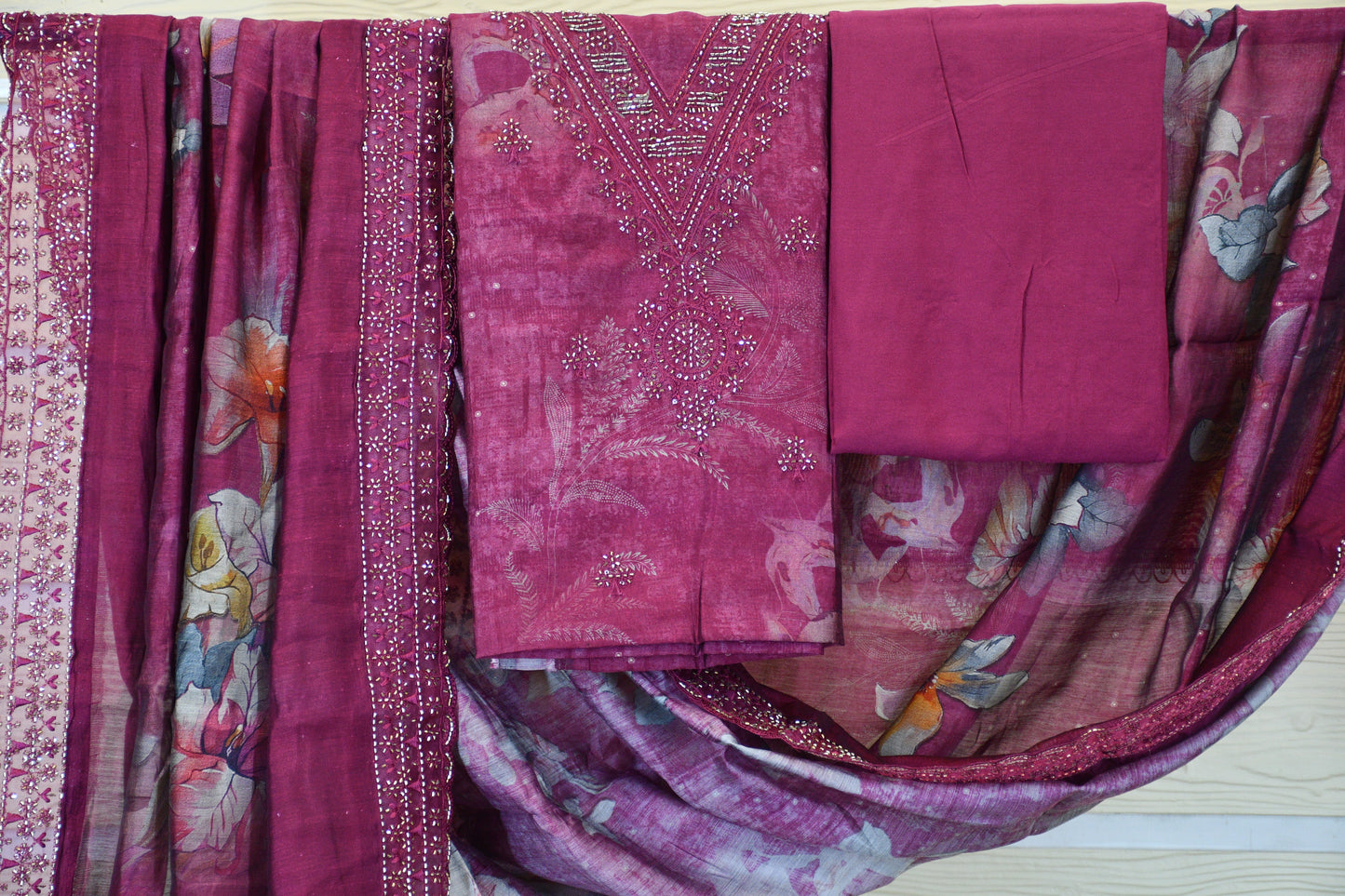 Wine Berry Magenta Floral Printed Dress Material Set