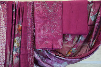 Wine Berry Magenta Floral Printed Dress Material Set