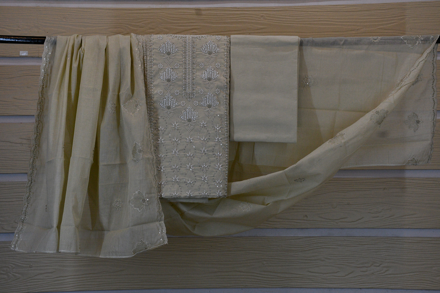 Ivory Beige Embroidered Dress Material Set