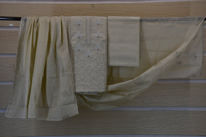 Ivory Beige Embroidered Dress Material Set