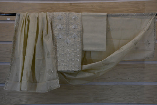 Ivory Beige Embroidered Dress Material Set