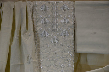 Ivory Beige Embroidered Dress Material Set