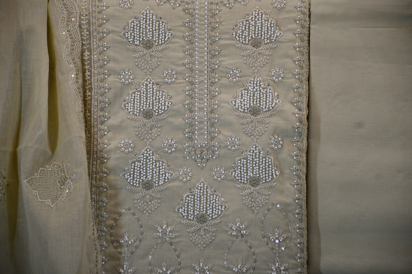Ivory Beige Embroidered Dress Material Set