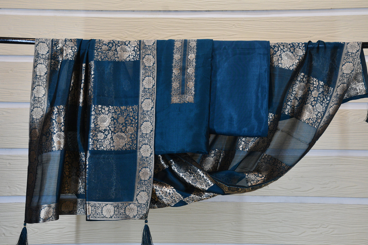 Teal Blue Banarasi Woven Dress Material Set