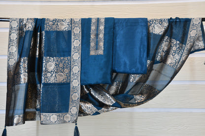Teal Blue Banarasi Woven Dress Material Set