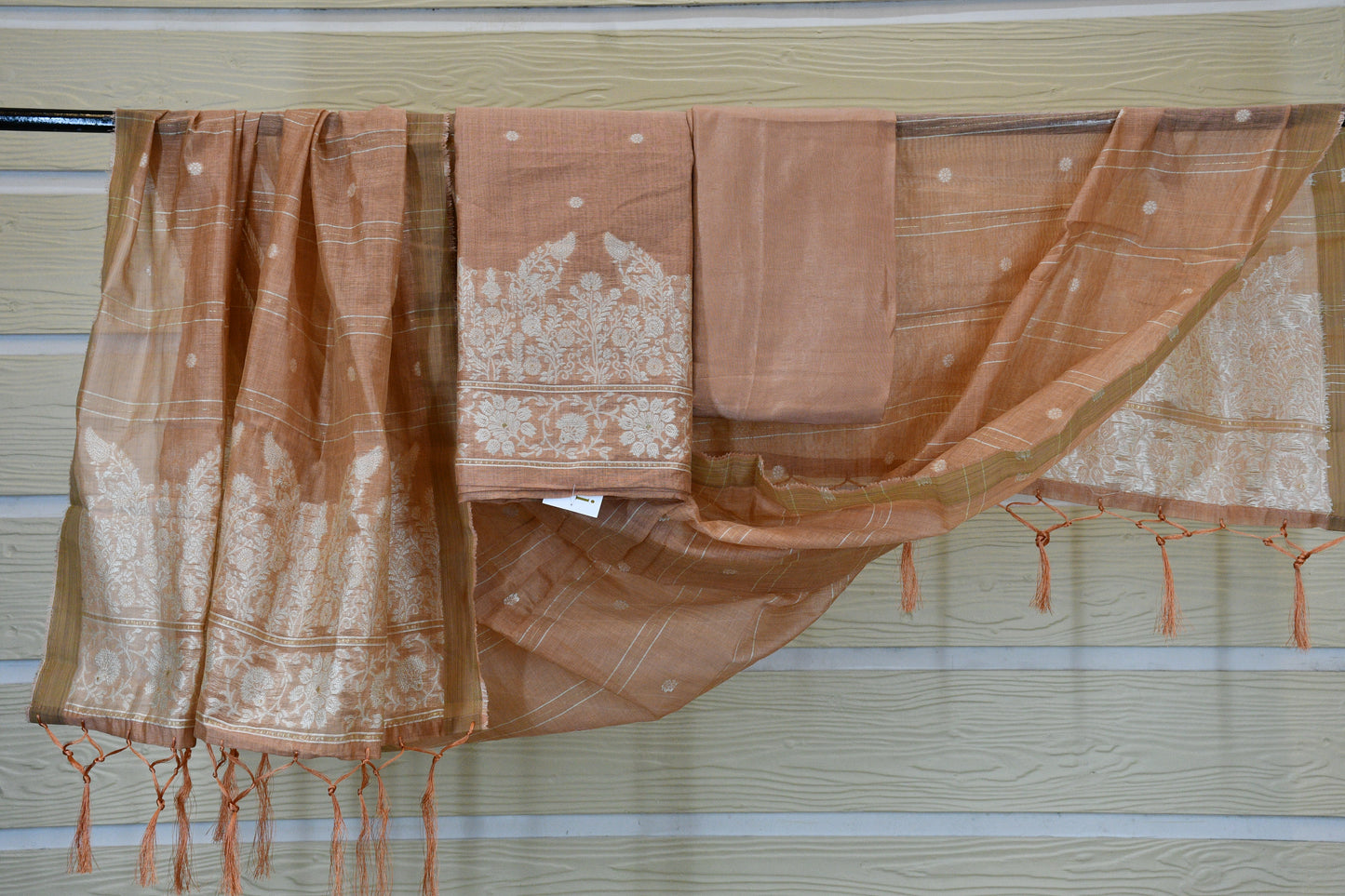 Terracotta Peach Handwoven Floral Border Dress Material