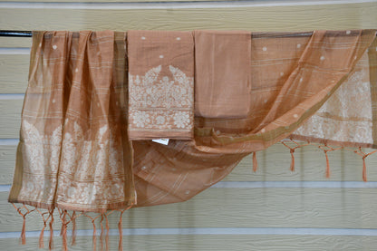 Terracotta Peach Handwoven Floral Border Dress Material