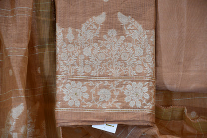 Terracotta Peach Handwoven Floral Border Dress Material