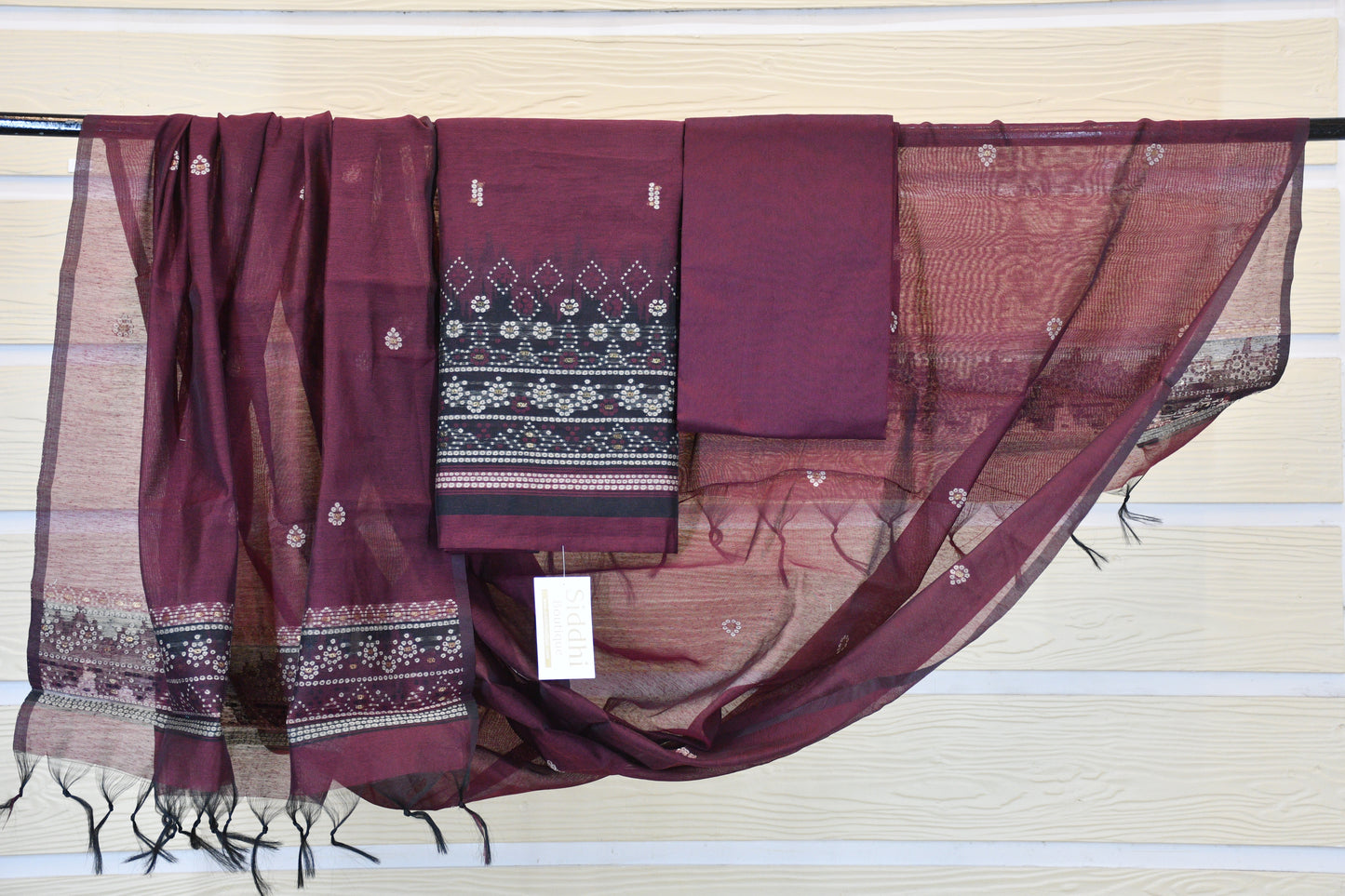 Plum Wine Printed Cotton Dress Material Set